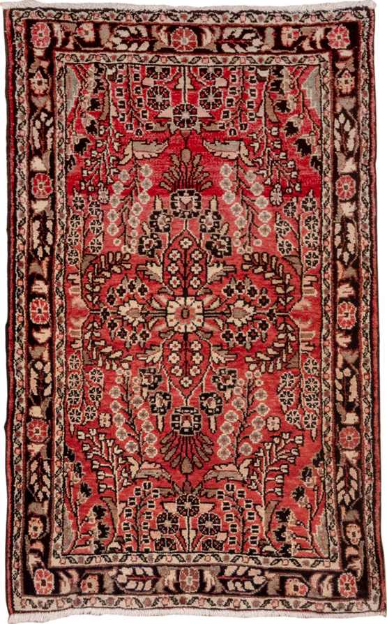 2' x 4' one-of-a-kind handmade vintage Dargazin small size rug. Color palette: black, brown, gray, light gray, pink, red