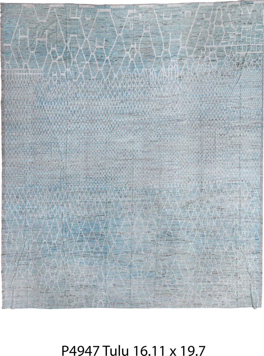 16' x 19' one-of-a-kind handmade vintage Tulu oversize rug. Color palette: dark gray, dim gray, gainsboro, gray, light blue
