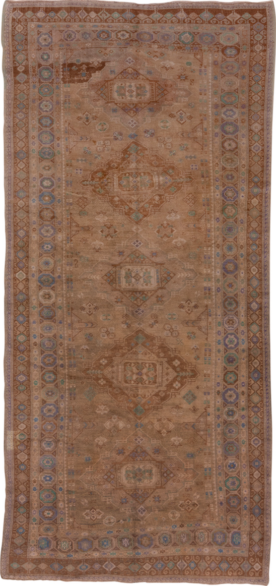 5' x 11' one-of-a-kind handmade vintage Oushak runner rug. Color palette: brown, gray, off-white, pink, snow, white