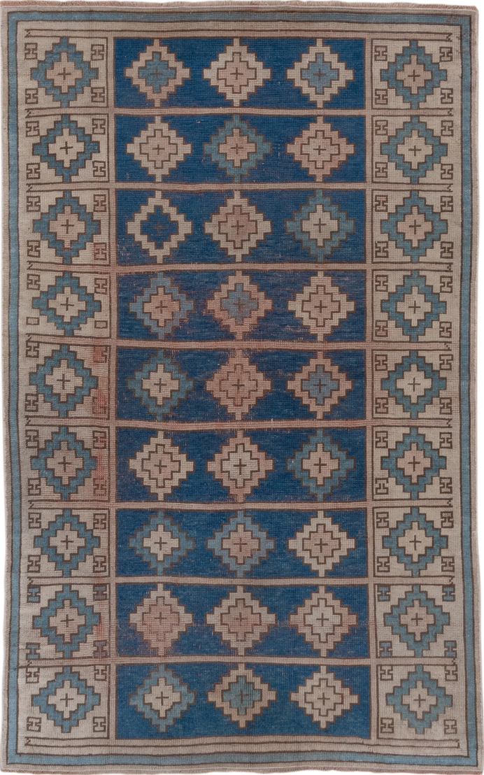 3' x 6' one-of-a-kind handmade vintage Oushak small size rug. Color palette: black, blue, brown, charcoal, fiord, gray