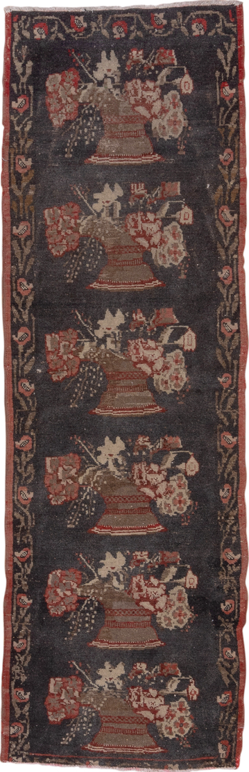 2' x 8' one-of-a-kind handmade vintage Oushak runner rug. Color palette: black, brown, charcoal, gray, off-white, pink, red