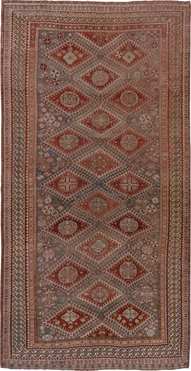 6' x 12' one-of-a-kind handmade vintage Shiraz large size rug. Color palette: brown, gray, pink
