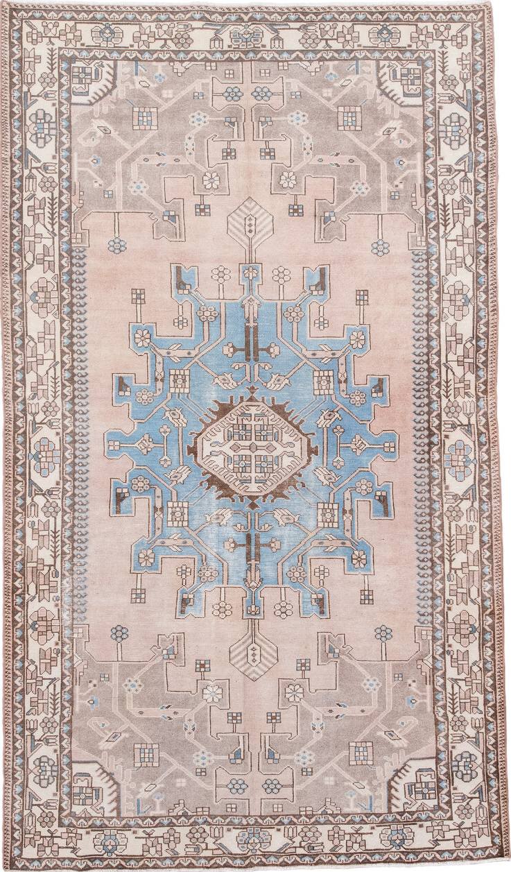5' x 8' one-of-a-kind handmade vintage Hamadan medium size rug. Color palette: brown, dark gray, dim gray, gray, light blue