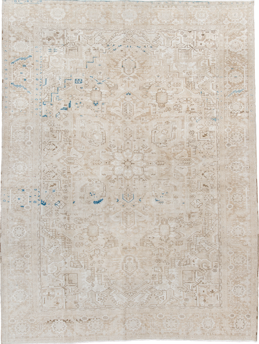 9' x 12' one-of-a-kind handmade vintage Heriz large size rug. Color palette: blue, brown, dark gray, gainsboro, gray