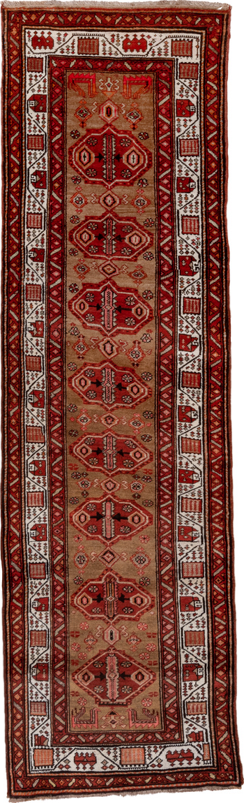3' x 10' one-of-a-kind handmade vintage Sarab runner rug. Color palette: brown, gray, light gray, maroon, off-white, pink