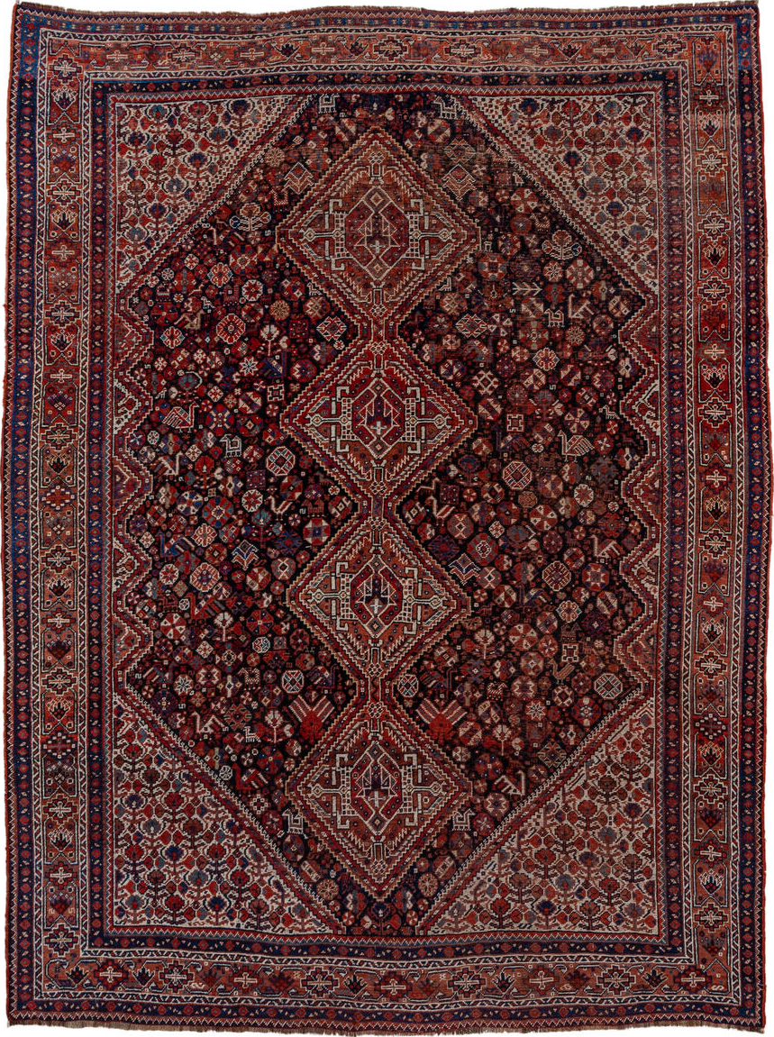 7' x 9' one-of-a-kind handmade vintage Shiraz rug. Color palette: blue, brown, gray, light gray, off-white, pink, red