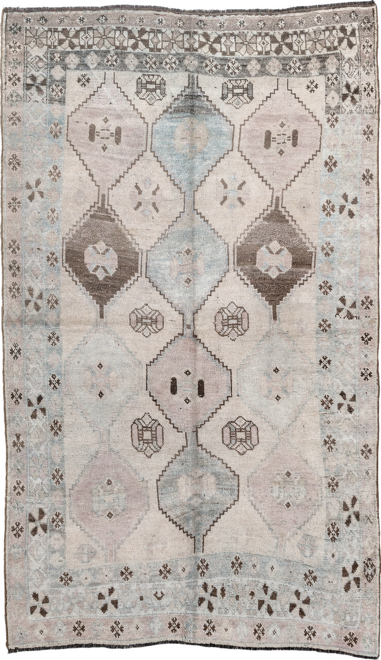 4' x 7' one-of-a-kind handmade vintage Gabbe rug. Color palette: brown, dark gray, dim gray, gainsboro, gray, light gray