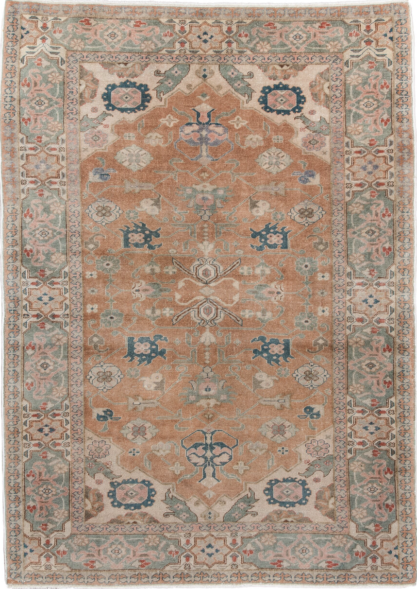 4' x 5' one-of-a-kind handmade vintage Sivas small size rug. Color palette: brown, dim gray, gray, light gray, off-white