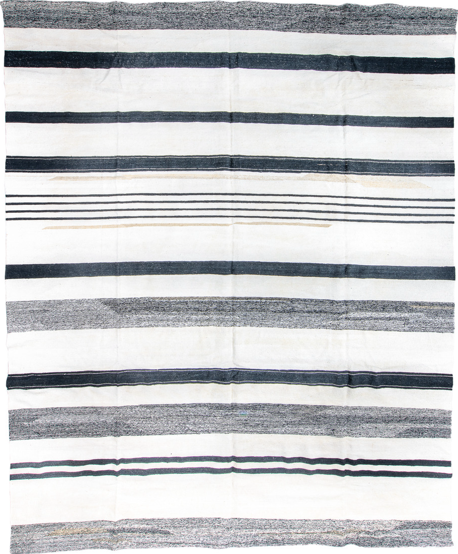 13' x 15' one-of-a-kind handmade vintage Kilim oversize rug. Color palette: black, blue, charcoal, dark gray, dim gray, gray