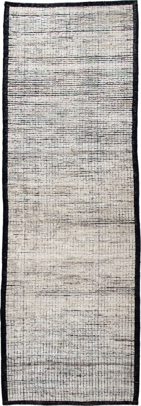 3' x 8' one-of-a-kind handmade vintage Tulu runner rug. Color palette: black, blue, charcoal, dark gray, dim gray, gainsboro