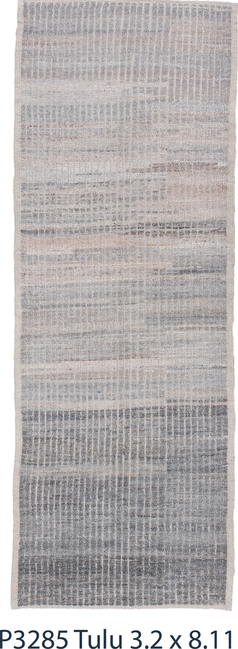 3' x 8' one-of-a-kind handmade vintage Tulu runner rug. Color palette: blue, dark gray, dim gray, gainsboro, gray