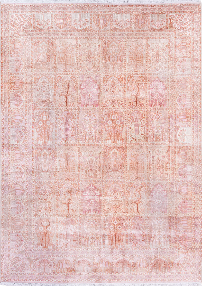 7' x 9' one-of-a-kind handmade vintage Kashmir rug. Color palette: gray, light gray, linen, misty rose, off-white, pink