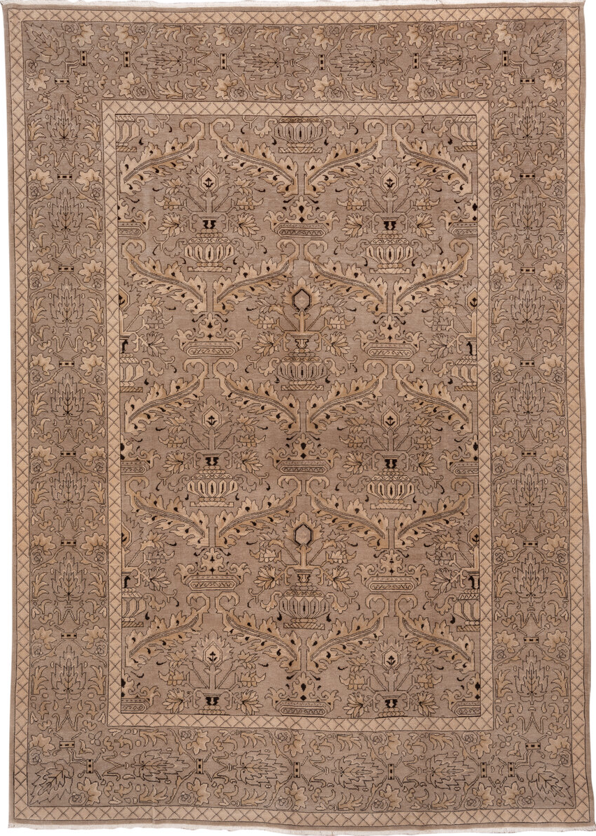 10' x 13' one-of-a-kind handmade vintage Khotan large size rug. Color palette: brown, gray, light gray, off-white, orange
