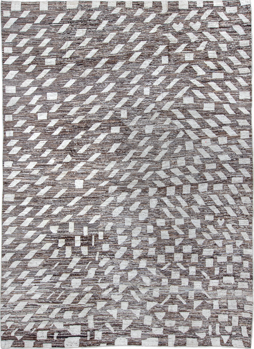 10' x 13' one-of-a-kind handmade vintage Tulu large size rug. Color palette: black, brown, dim gray, gray, light gray