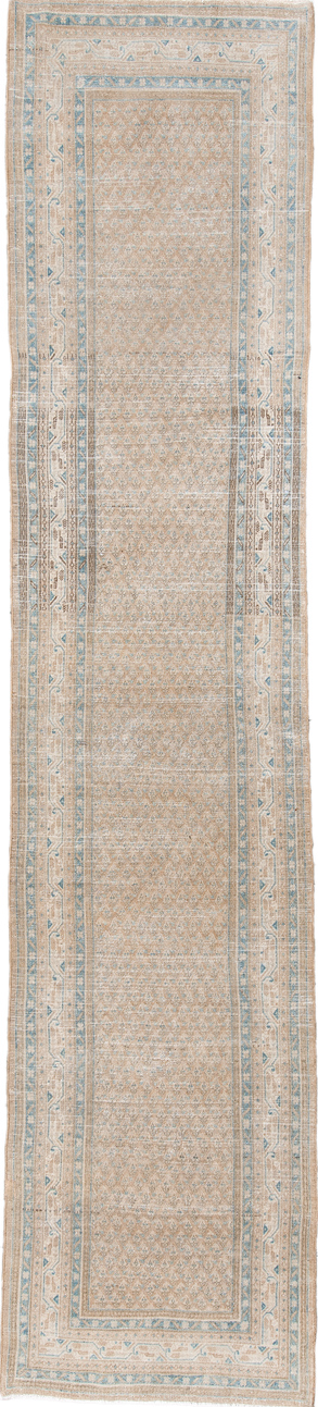 2' x 12' one-of-a-kind handmade vintage Mir runner rug. Color palette: brown, dark gray, gainsboro, gray, light gray