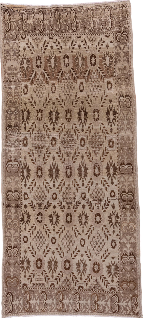4' x 9' one-of-a-kind handmade vintage Oushak runner rug. Color palette: brown, gray, light gray, off-white, pink