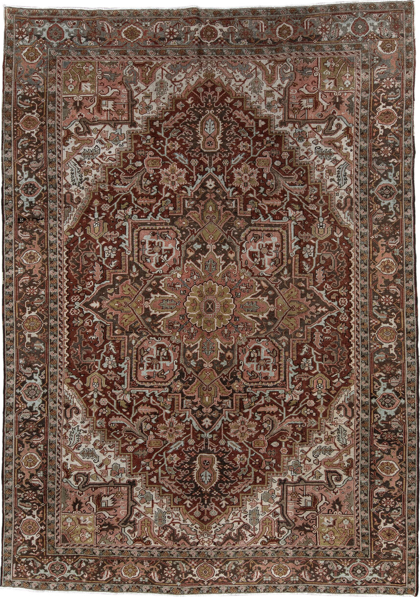 8' x 11' one-of-a-kind handmade vintage Heriz large size rug. Color palette: brown, gray, pink, redwood