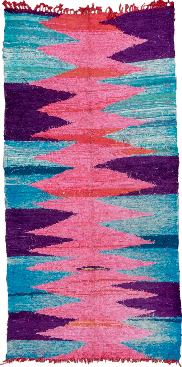 4' x 8' one-of-a-kind handmade vintage Flatweave runner rug. Color palette: blue, brown, gray, green, light blue, light gray