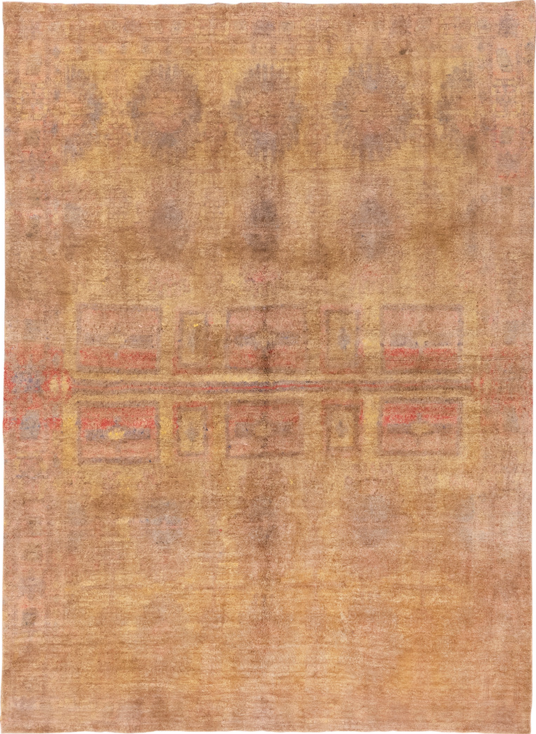 6' x 8' one-of-a-kind handmade vintage Cotton Agra medium size rug. Color palette: brown, burlywood, off-white, orange, pink