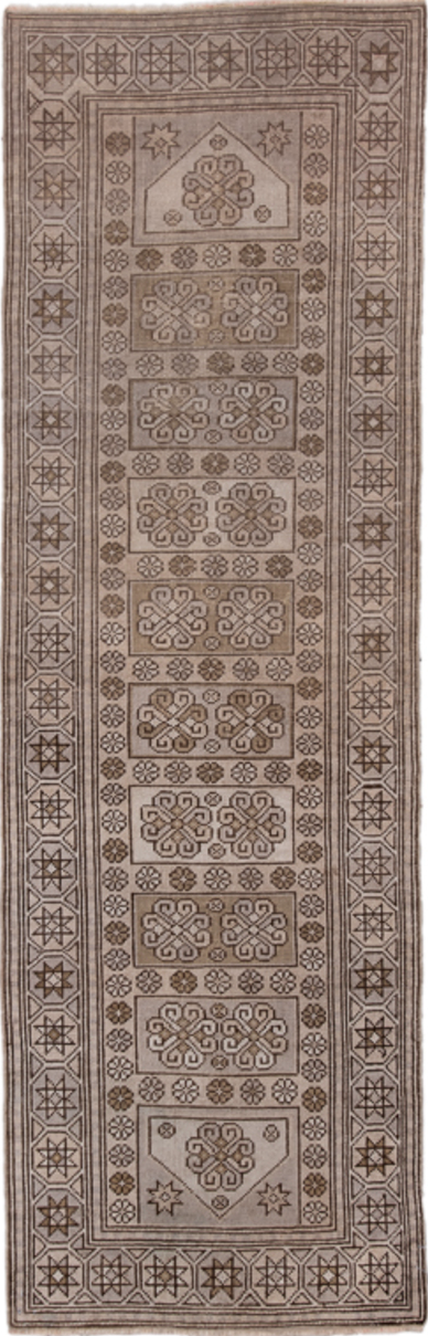 2' x 7' one-of-a-kind handmade vintage Oushak runner rug. Color palette: brown, gray, pink