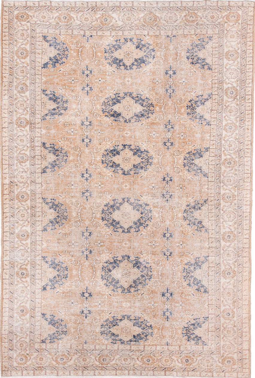 6' x 10' one-of-a-kind handmade vintage Sparta large size rug. Color palette: antiquewhite, blue, brown, dark gray, gray