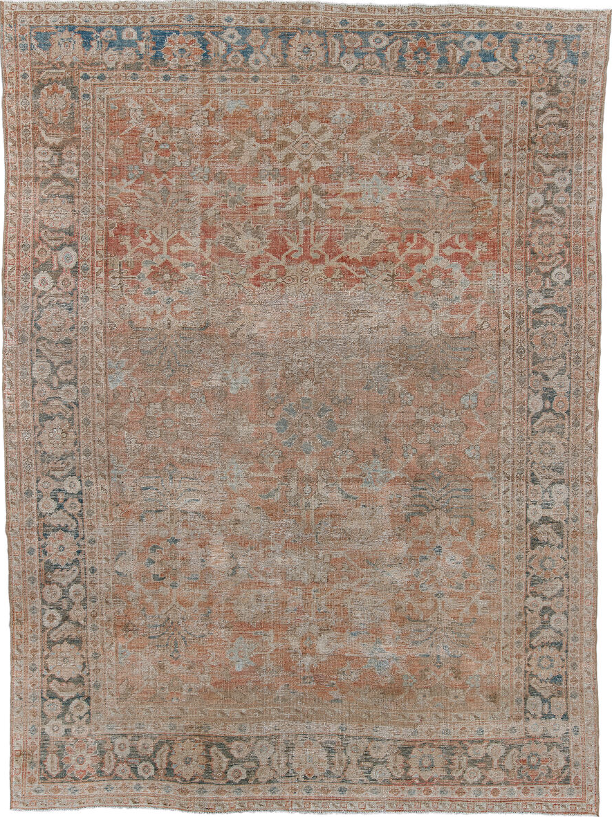 7' x 10' one-of-a-kind handmade vintage Mahal large size rug. Color palette: black, blue, brown, charcoal, gray, light gray