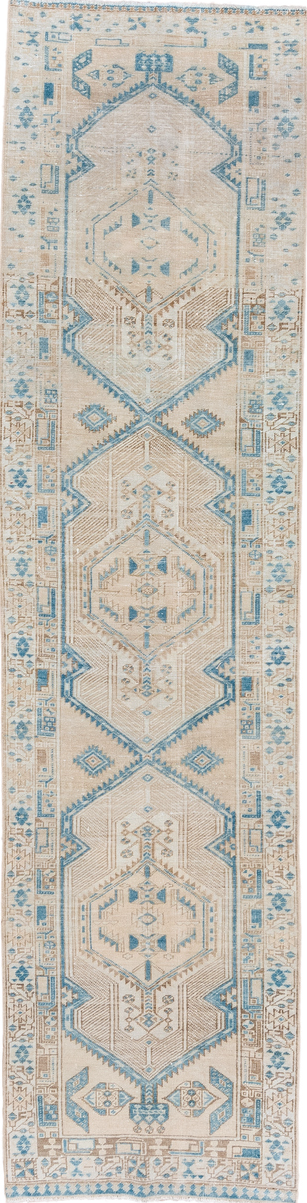 2' x 11' one-of-a-kind handmade vintage Sarab runner rug. Color palette: blue, brown, dark gray, gray, light blue