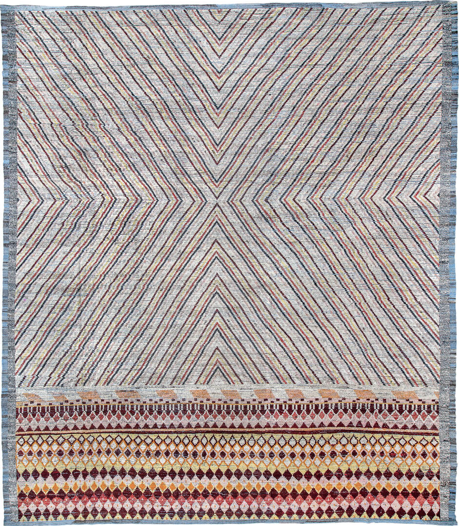18' x 20' one-of-a-kind handmade vintage Tulu oversize rug. Color palette: black, blue, brown, dark gray, dim gray