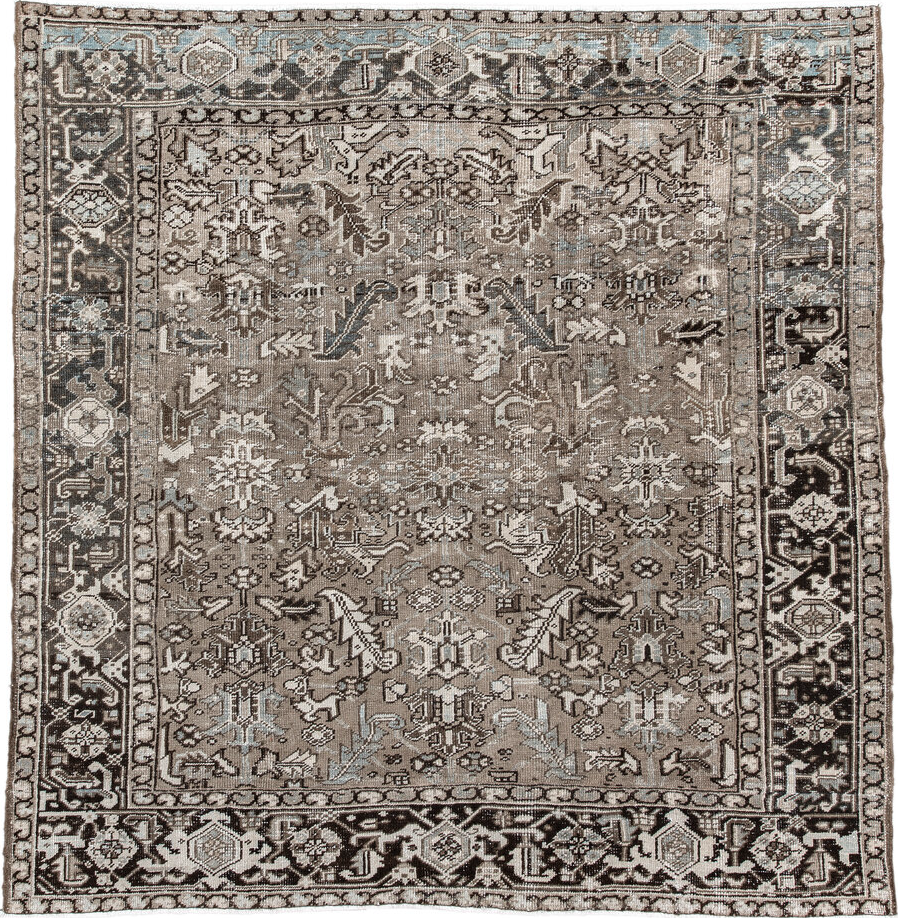 7' x 7' one-of-a-kind handmade vintage Heriz rug. Color palette: black, charcoal, gray, light gray, linen, off-white