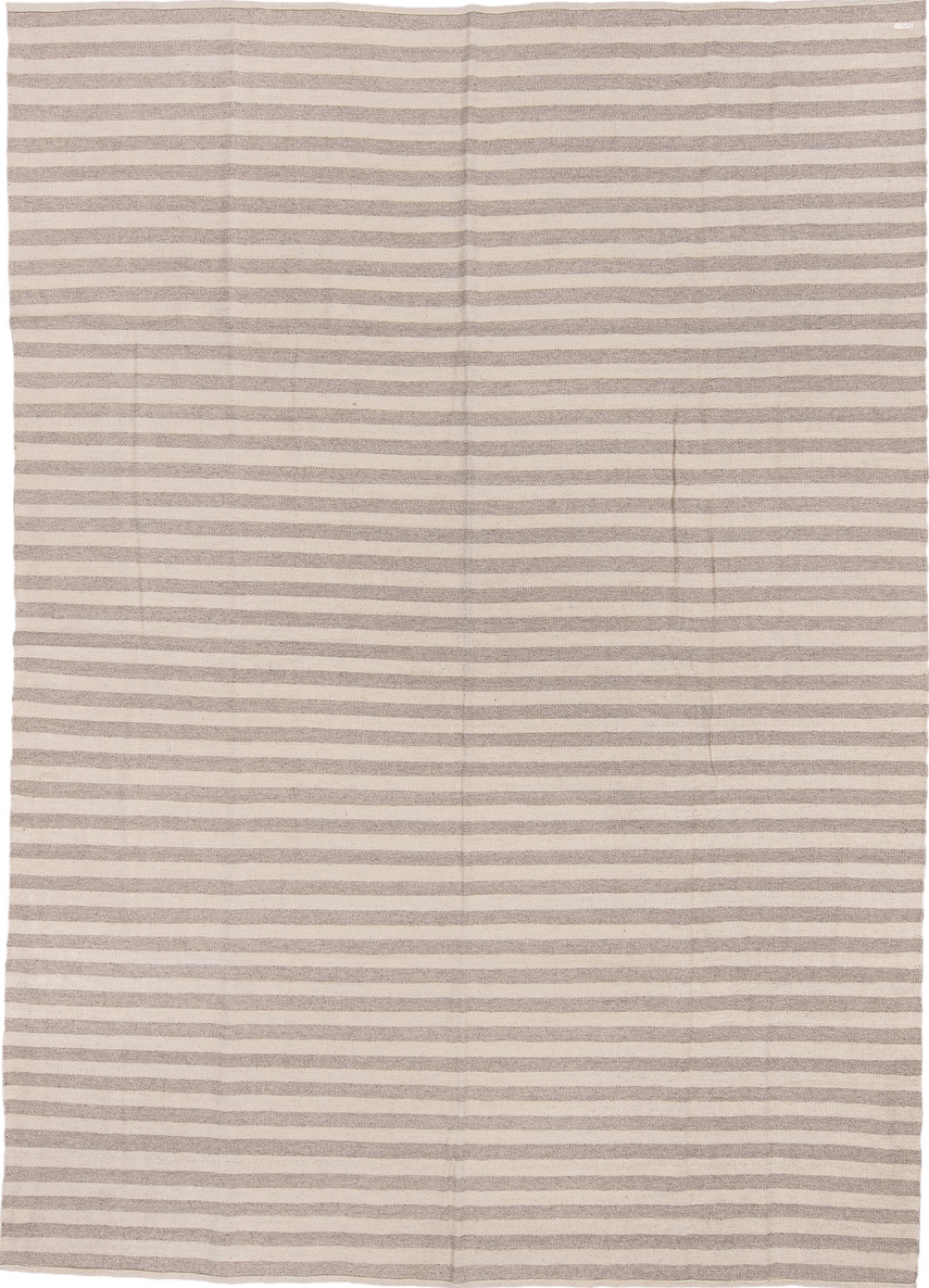 8' x 12' one-of-a-kind handmade vintage Kilim large size rug. Color palette: gray, light gray, off-white, pink