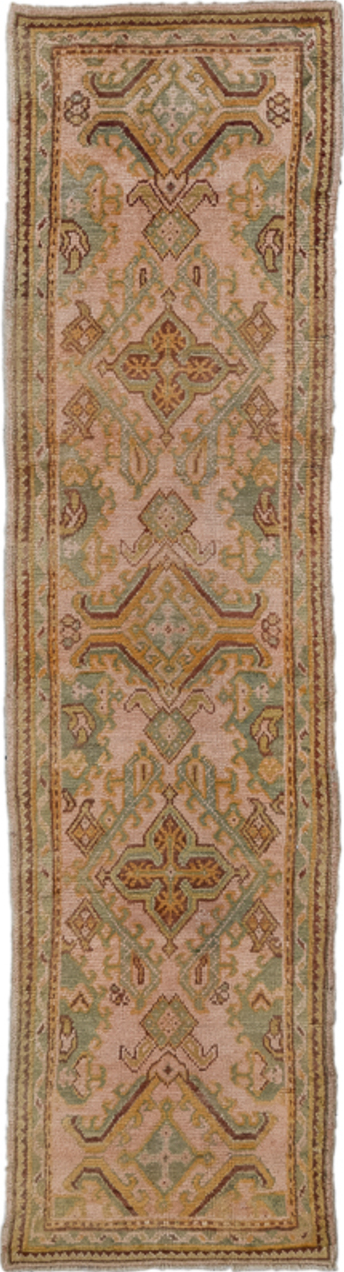 3' x 11' one-of-a-kind handmade vintage Oushak runner rug. Color palette: brown, pink