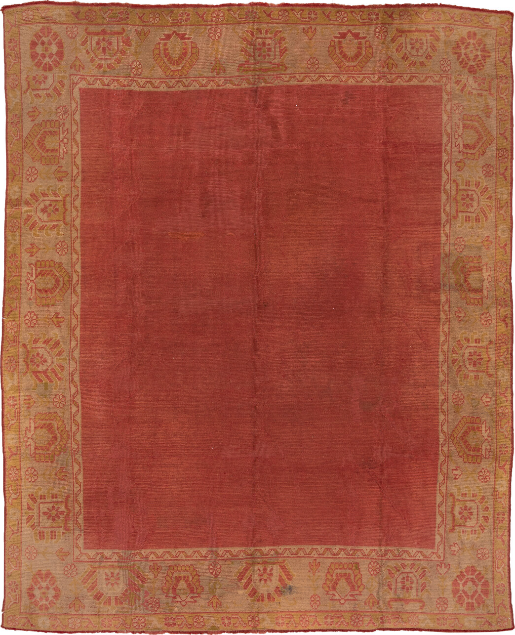 9' x 11' one-of-a-kind handmade vintage Oushak large size rug. Color palette: brown, pink, red