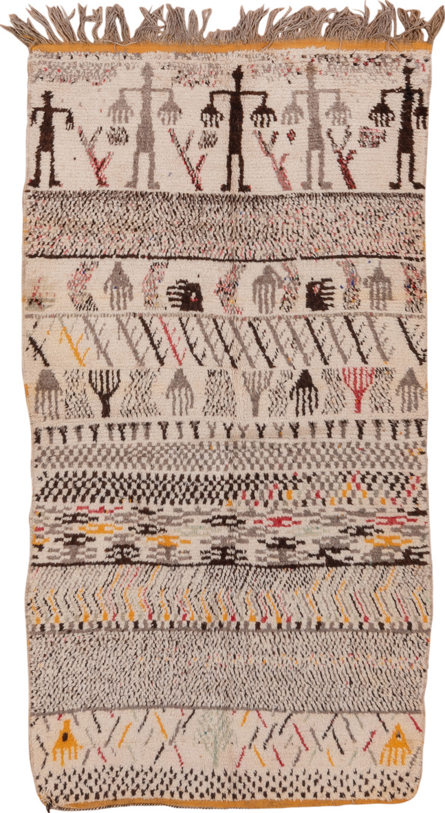 4' x 8' one-of-a-kind handmade vintage Moroccan rug. Color palette: brown, gray, light gray, off-white, orange, peru, pink