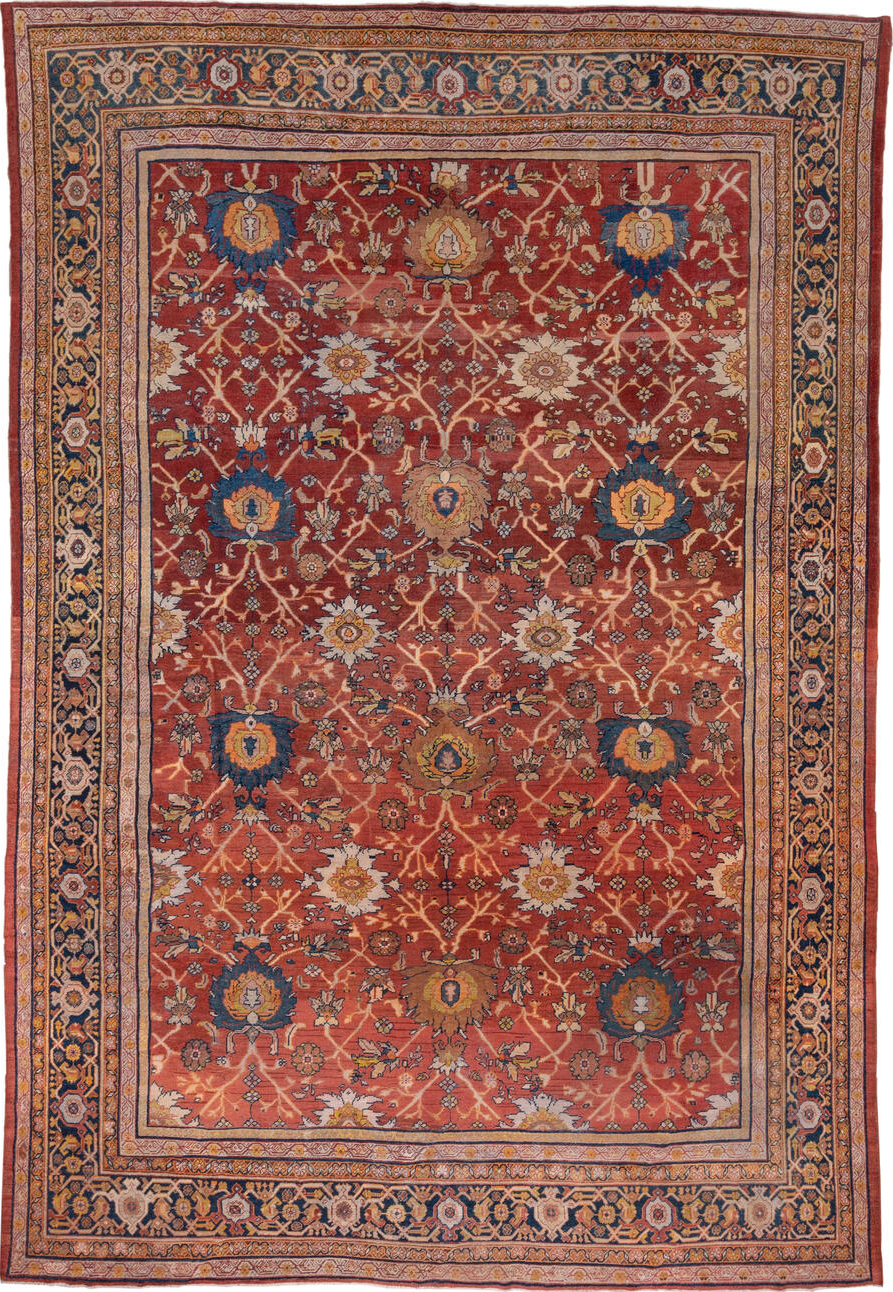 10' x 15' one-of-a-kind handmade vintage Mahal rug. Color palette: blue, brown, fiord, gray, light gray, off-white, pink