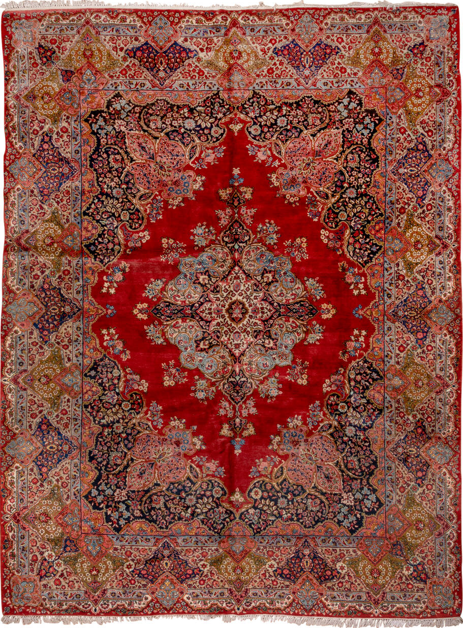 10' x 13' one-of-a-kind handmade vintage Sarouk large size rug. Color palette: black, blue, brown, gray, light gray