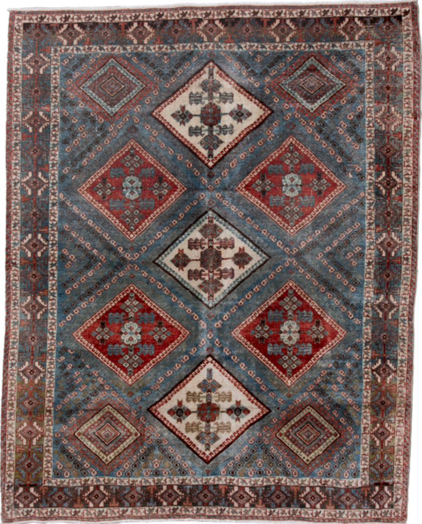 4' x 5' one-of-a-kind handmade vintage Afshar small size rug. Color palette: brown, red, gray, light gray, black, pink, blue