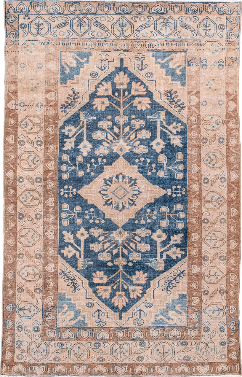 4' x 6' one-of-a-kind handmade vintage Hamadan small size rug. Color palette: antiquewhite, blue, brown, dark gray, dim gray