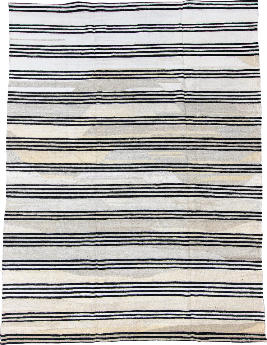 9' x 12' one-of-a-kind handmade vintage Kilim large size rug. Color palette: black, blue, dark gray, dim gray, gainsboro