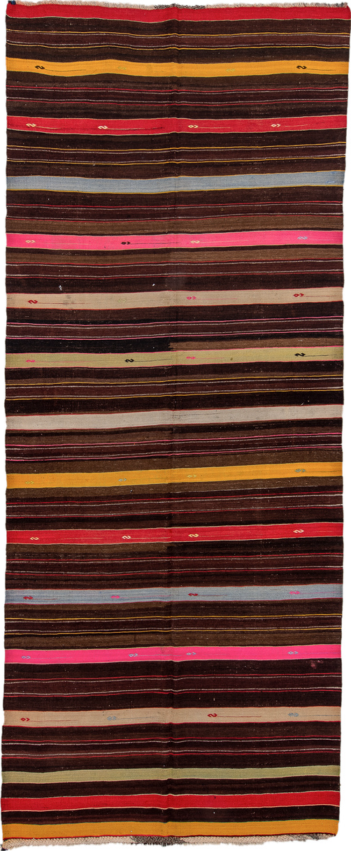 6' x 15' one-of-a-kind handmade vintage Kilim rug. Color palette: black, brown, fire brick, gray, light gray, pink, red