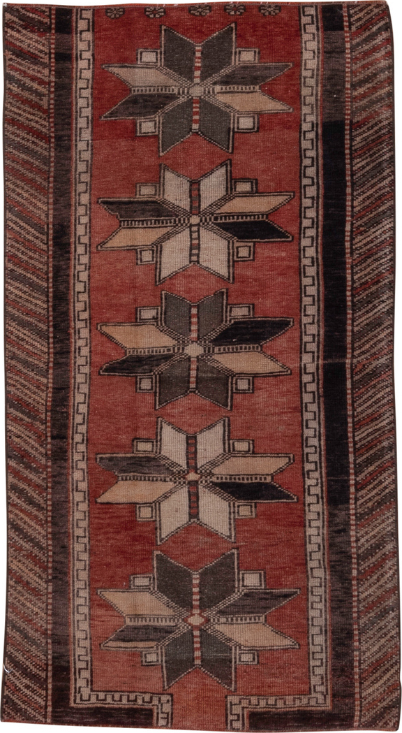 2' x 5' one-of-a-kind handmade vintage Oushak small size rug. Color palette: black, brown, gray, light gray, off-white, pink