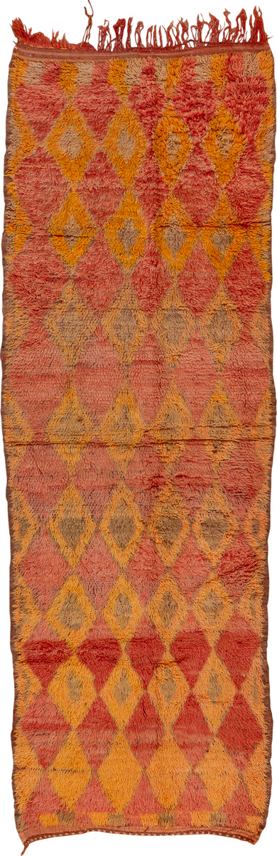 3' x 10' one-of-a-kind handmade vintage Moroccan runner rug. Color palette: brown, maroon, orange, pink, red, sienna