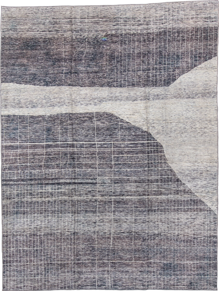 9' x 12' one-of-a-kind handmade vintage Tulu large size rug. Color palette: black, blue, charcoal, dark gray, dim gray