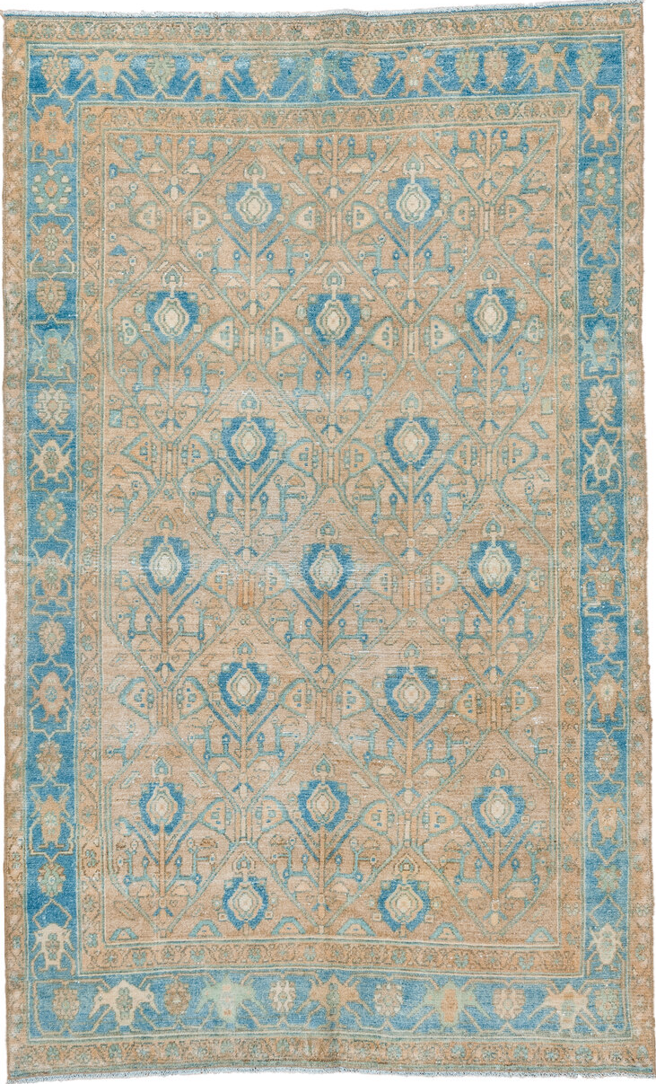 4' x 7' one-of-a-kind handmade vintage Malayer rug. Color palette: blue, brown, gray, light blue, light gray, off-white