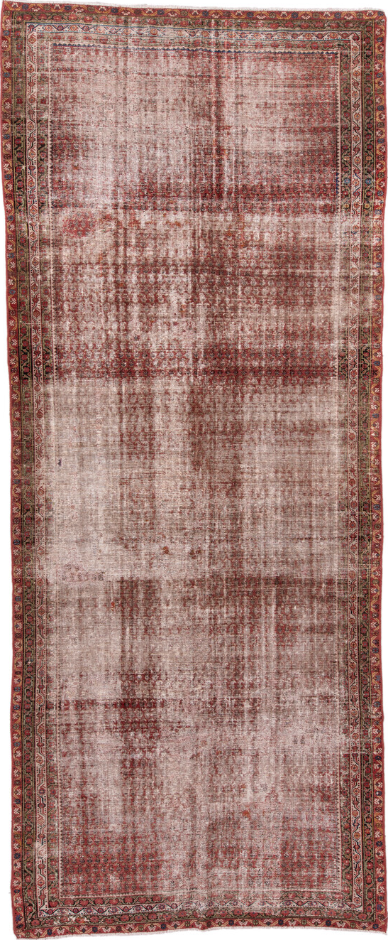 6' x 16' one-of-a-kind handmade vintage Saraband rug. Color palette: brown, gray, light gray, off-white, pink, red