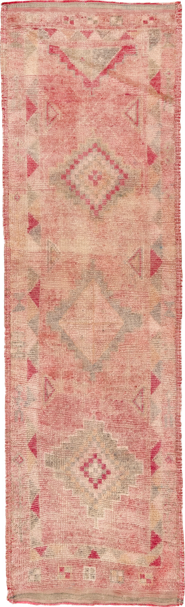 3' x 10' one-of-a-kind handmade vintage Kars runner rug. Color palette: brown, off-white, orange, pink, red, snow, white