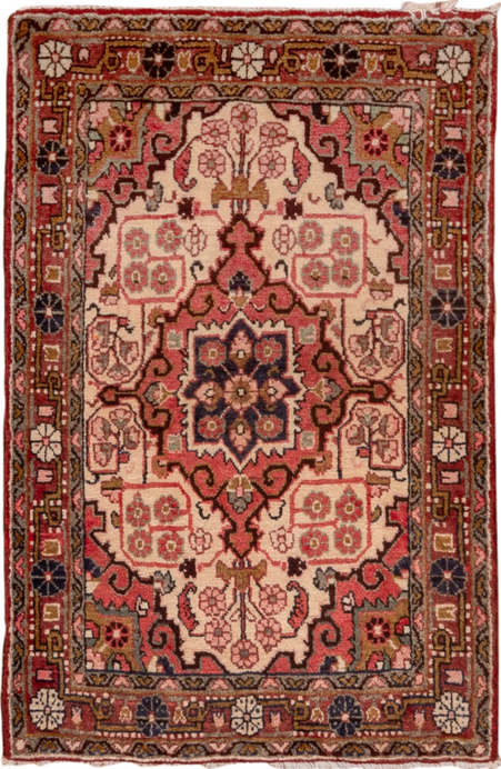 2' x 3' one-of-a-kind handmade vintage Sarouk small size rug. Color palette: brown, gray, off-white, orange, pink, red