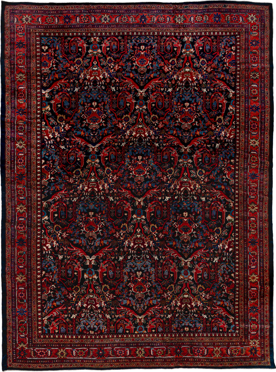 12' x 17' one-of-a-kind handmade vintage Mahal oversize rug. Color palette: blue, brown, gray, maroon, pink, red