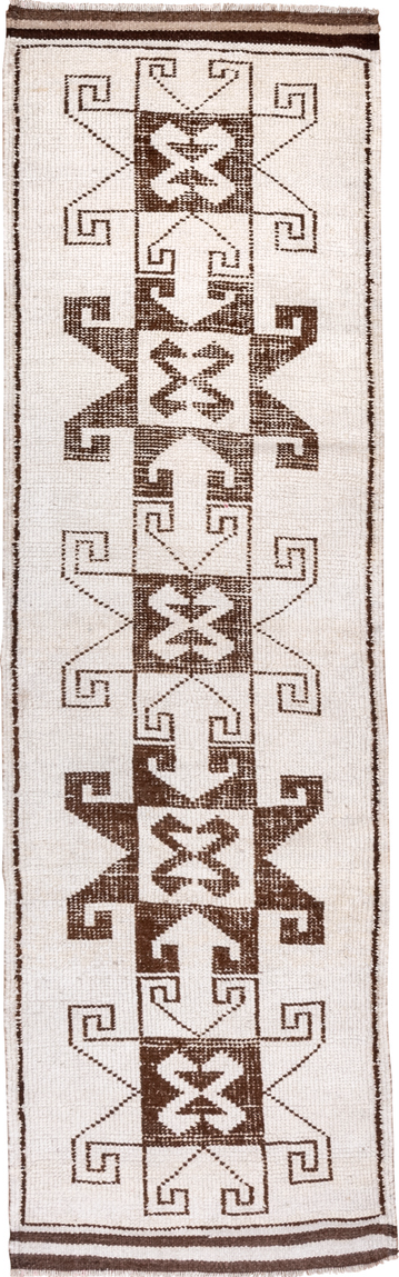 3' x 10' one-of-a-kind handmade vintage Kars runner rug. Color palette: brown, gainsboro, gray, light gray, linen, off-white