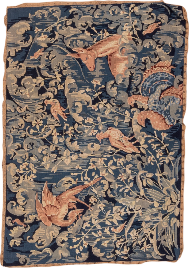 2' x 4' one-of-a-kind handmade vintage Needlepoint small size rug. Color palette: black, blue, brown, charcoal, dark gray