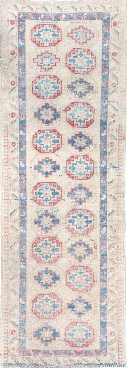 3' x 10' one-of-a-kind handmade vintage Sarab runner rug. Color palette: off-white, pink, gray, light blue, light gray